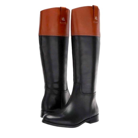New! RALPH LAUREN Two-tone Equestian Style Leather Boots, Black/Saddle Tan, Sz 9 - Picture 7 of 7